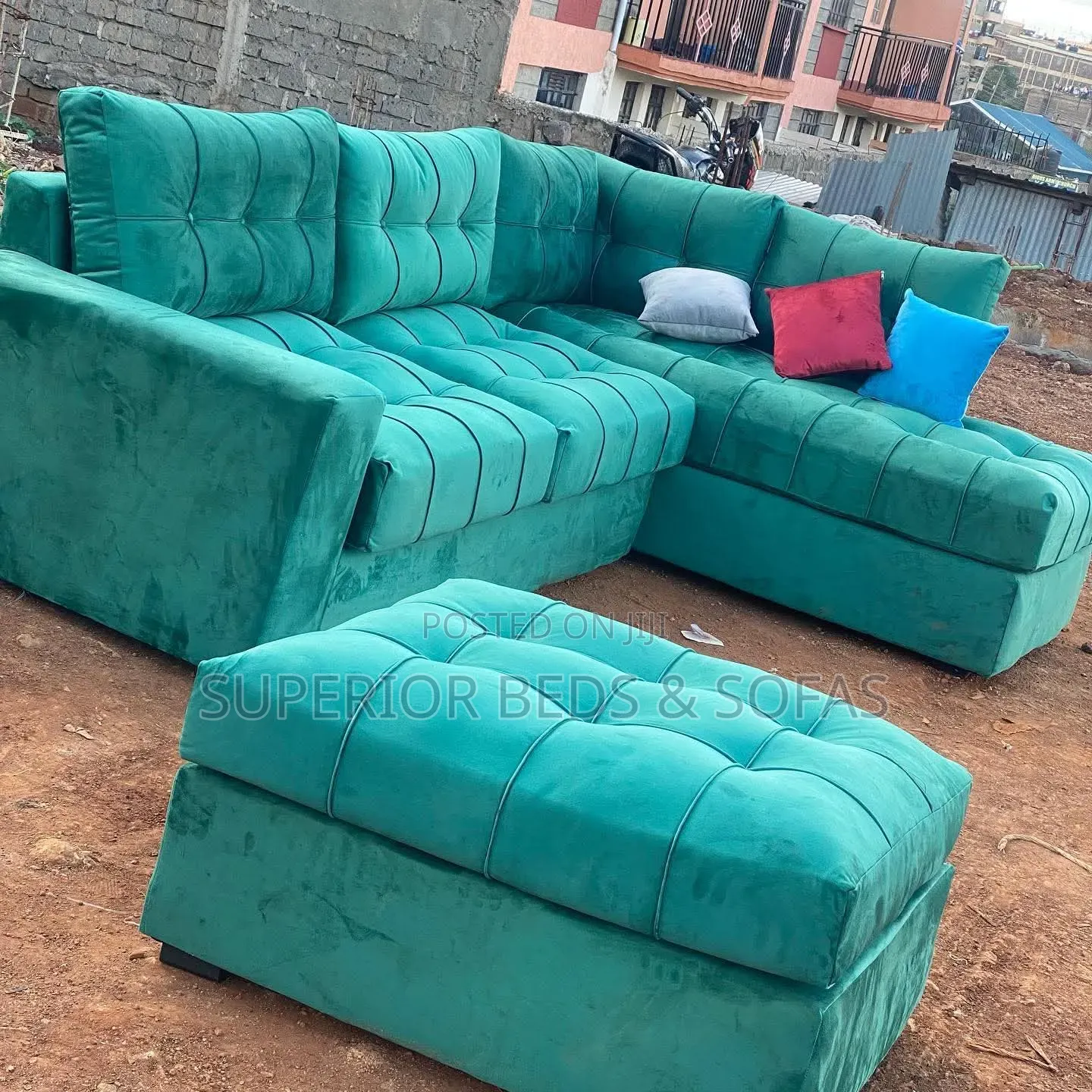 Green Fabric L-Shaped Sofa + Ottoman
