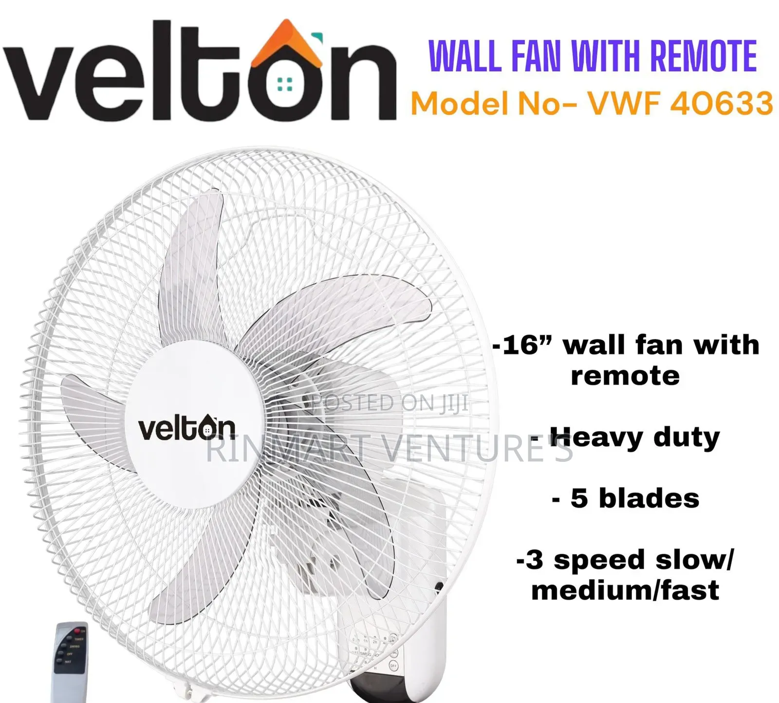 Velton 16-Inch Wall Fan With Remote