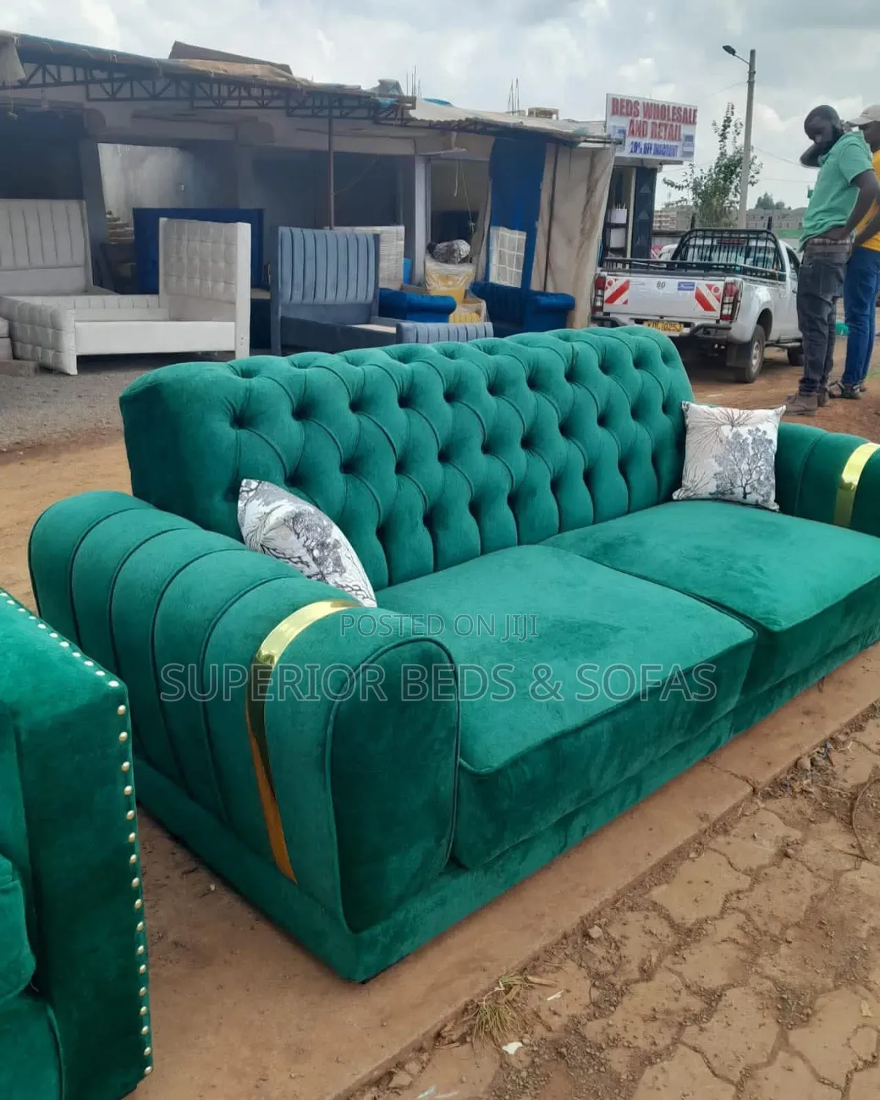 Green Tufted Fabric 3-Seater Sofa