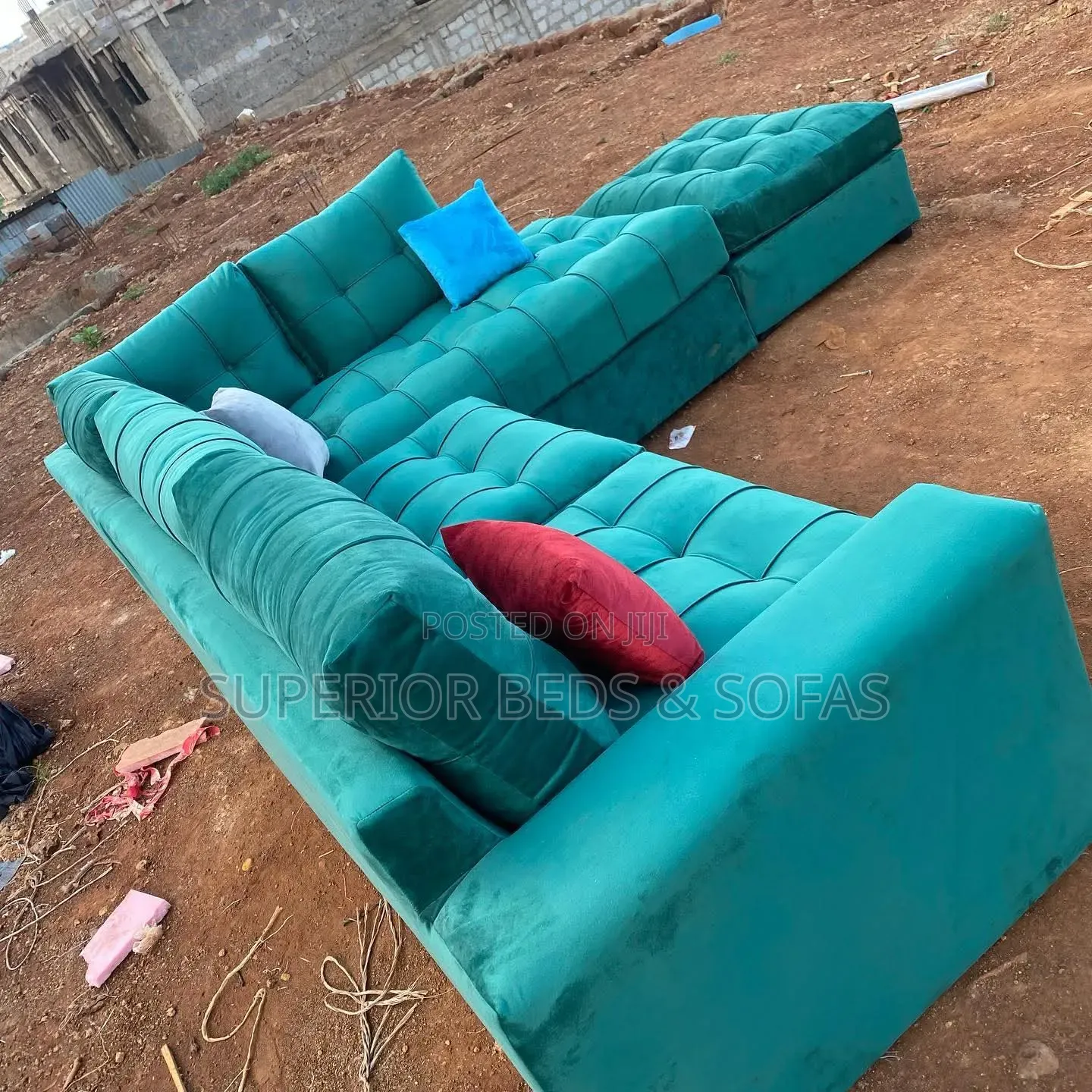 Green Velvet L-Shaped Sofa (5-Seater +Ottoman)