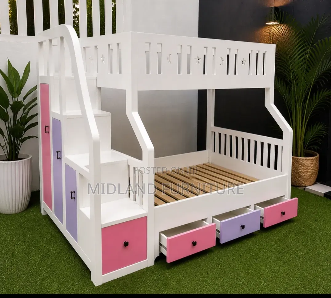 5x6 Kids Double Decker Bunk Bed With Staicase Cupboard
