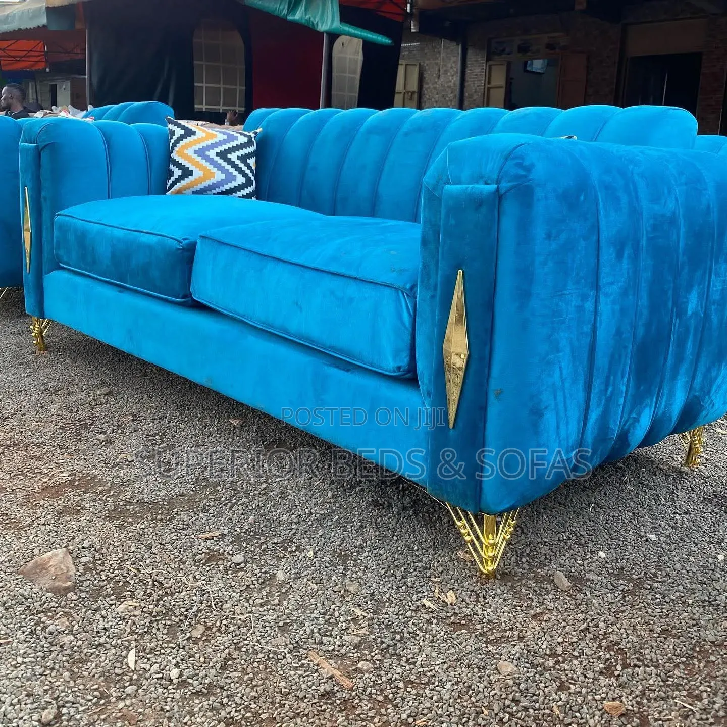 Blue Ribbed Back 3-Seater Sofa
