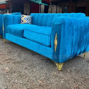 Blue Ribbed Back 3-Seater Sofa