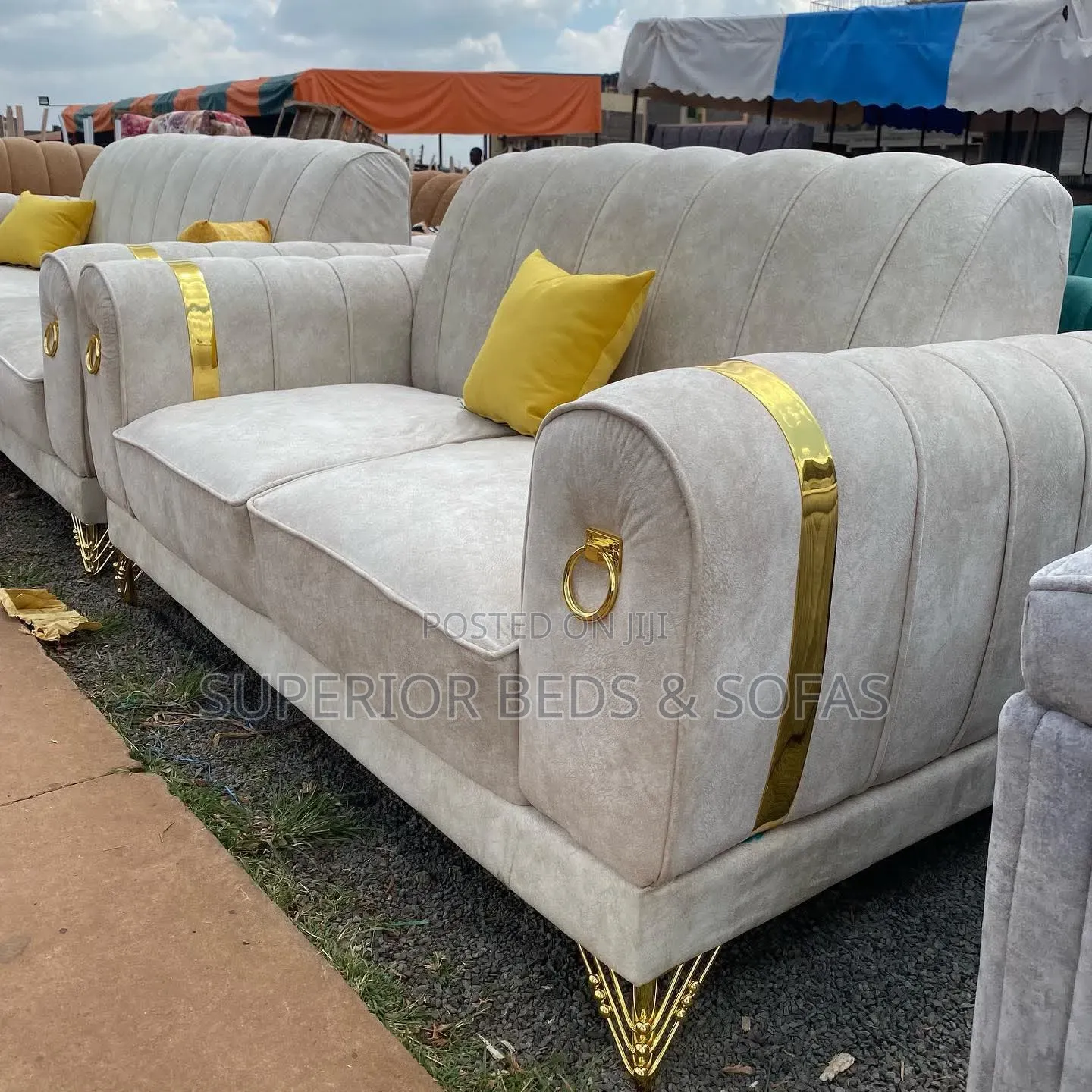 Cream Gold Accent Sofa 3-Seater