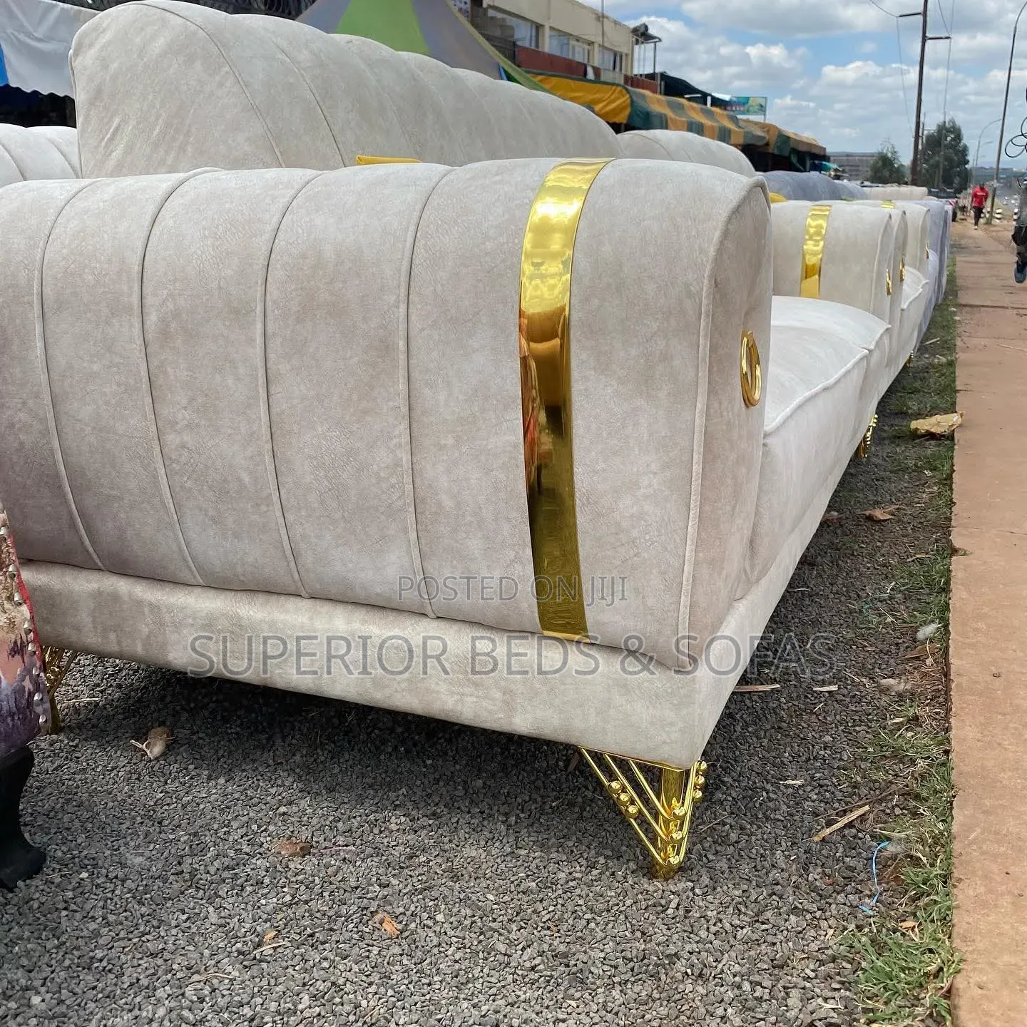 Cream Gold Accent Sofa 3-Seater