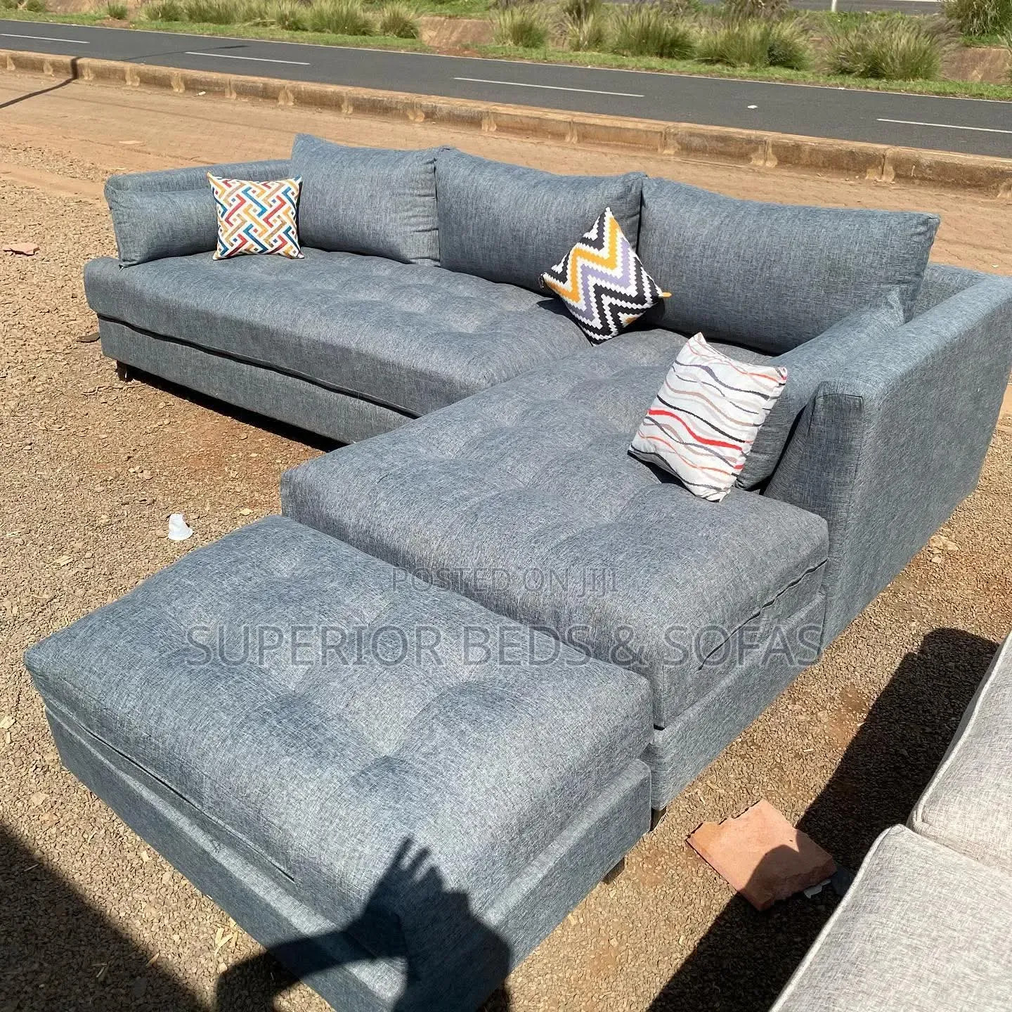 Grey L-Shaped Sofa 6-Seater + Ottoman Also Available in Cream