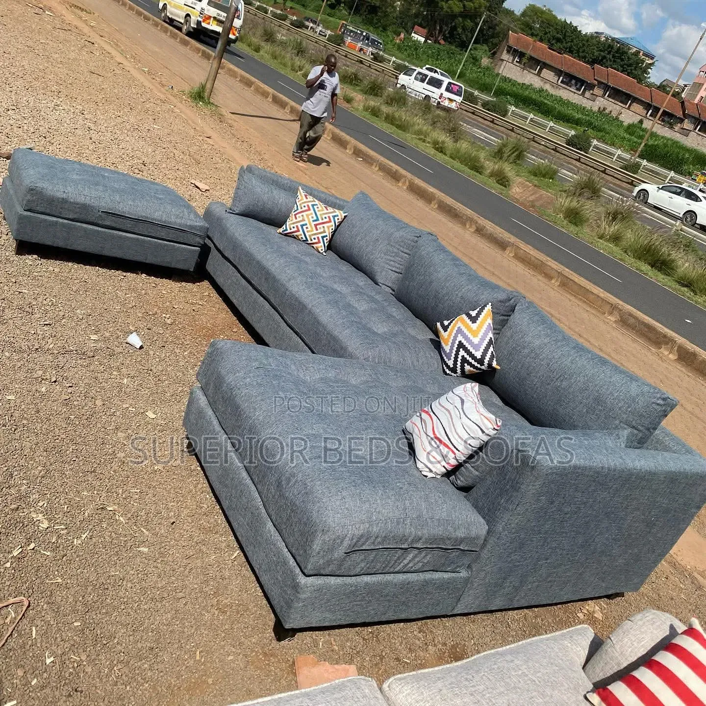 Grey L-Shaped Sofa 6-Seater + Ottoman Also Available in Cream