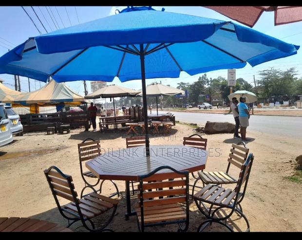 Blue Parasol+8 Chairs +Tables + Stand - main view