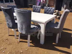 White Table+6 Grey Upholstered Chairs (Dinning Table Set)
