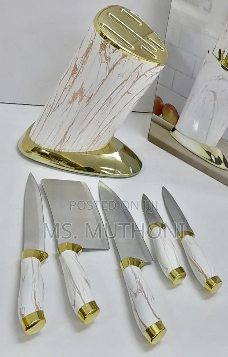 6pc Marble-Textured Handles and a Round Gold-Plated Stand Knife Set