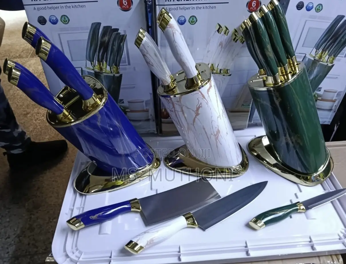 6pc Marble-Textured Handles and a Round Gold-Plated Stand Knife Set