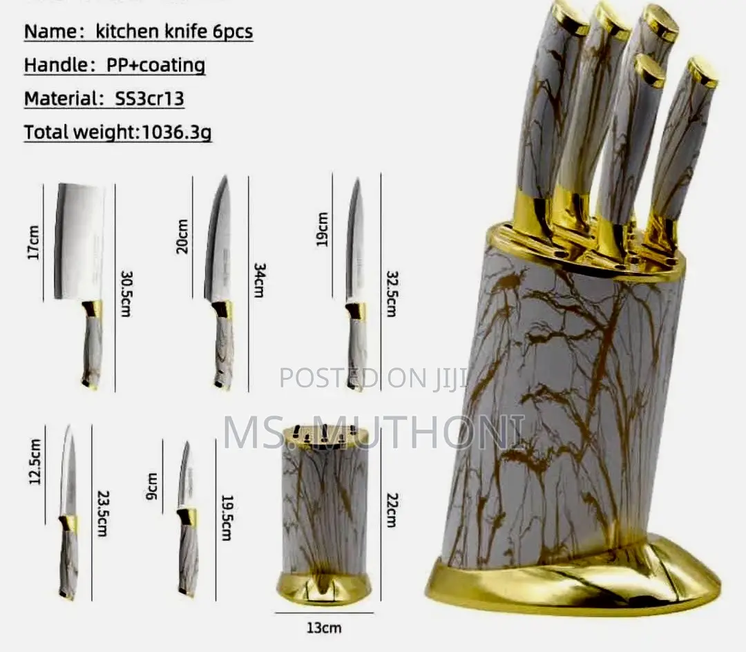 6pc Marble-Textured Handles and a Round Gold-Plated Stand Knife Set