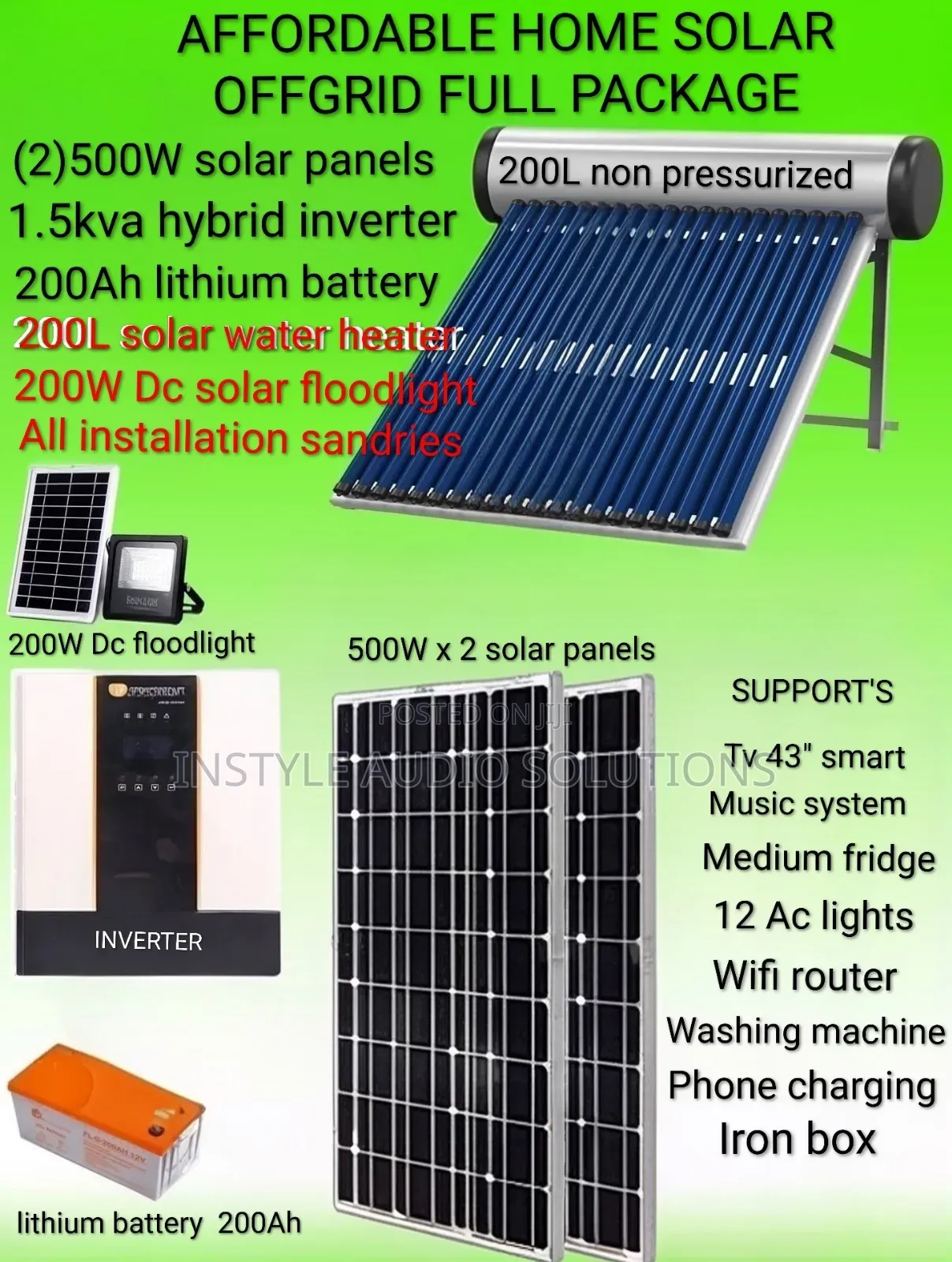 1.5kva - 200ah Lithium Solar System -200l Non Pressurized Water Heater