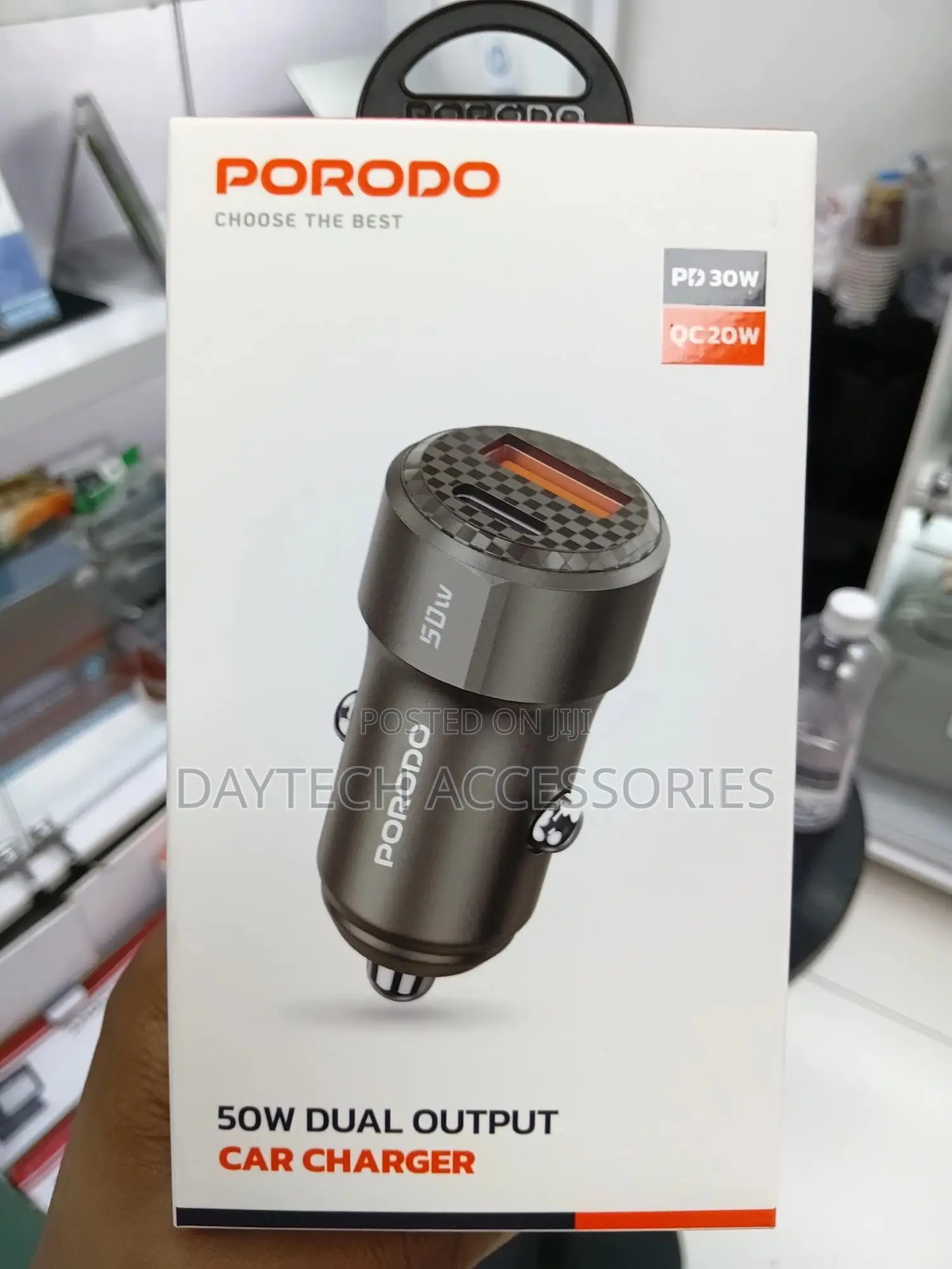 Porodo 50w Dual Port Car Charger With a Carbon Fiber Print Finish.