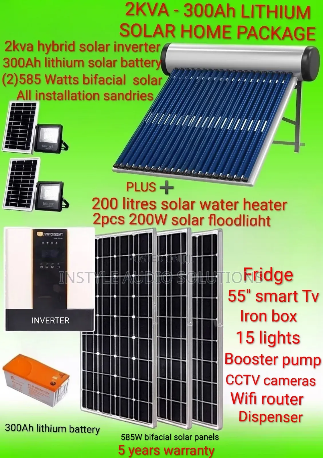 2kw - 300ah Lithium Battery - (1)585w Solar -200l Water Heater Package