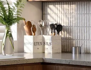 Wooden Kitchen Utensils/Cutlery Holder With a White Rustic Finish