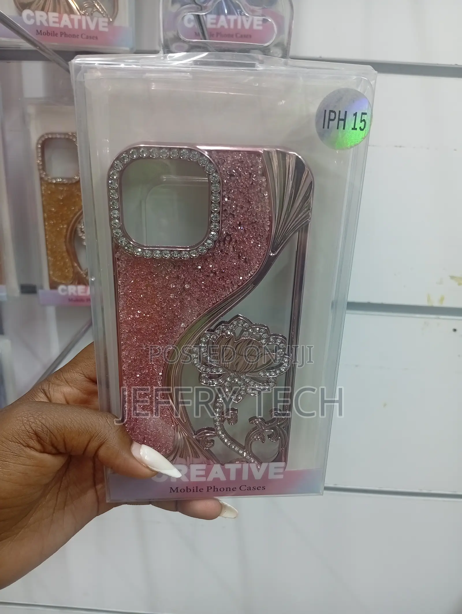 iPhone 15 Pink, Glittery, Rhinestone-Covered Flower Design Phone Case