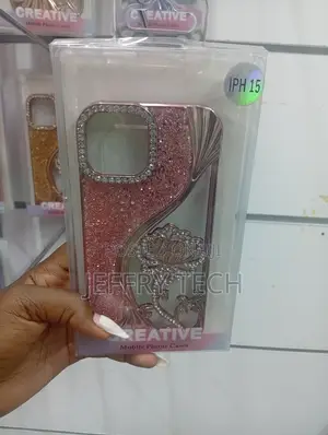iPhone 15 Pink, Glittery, Rhinestone-Covered Flower Design Phone Case