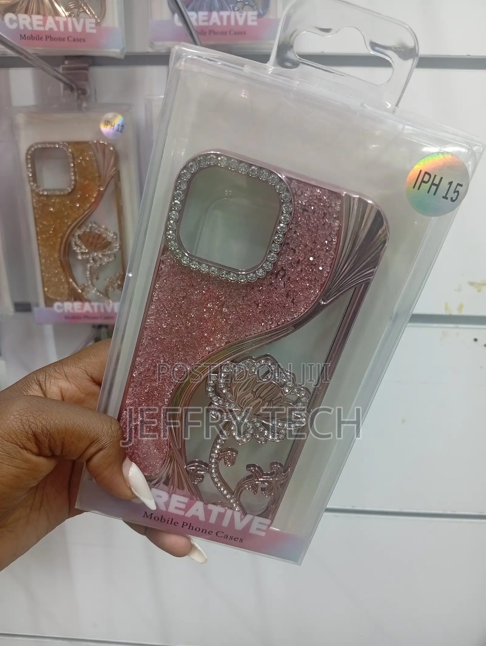 iPhone 15 Pink, Glittery, Rhinestone-Covered Flower Design Phone Case