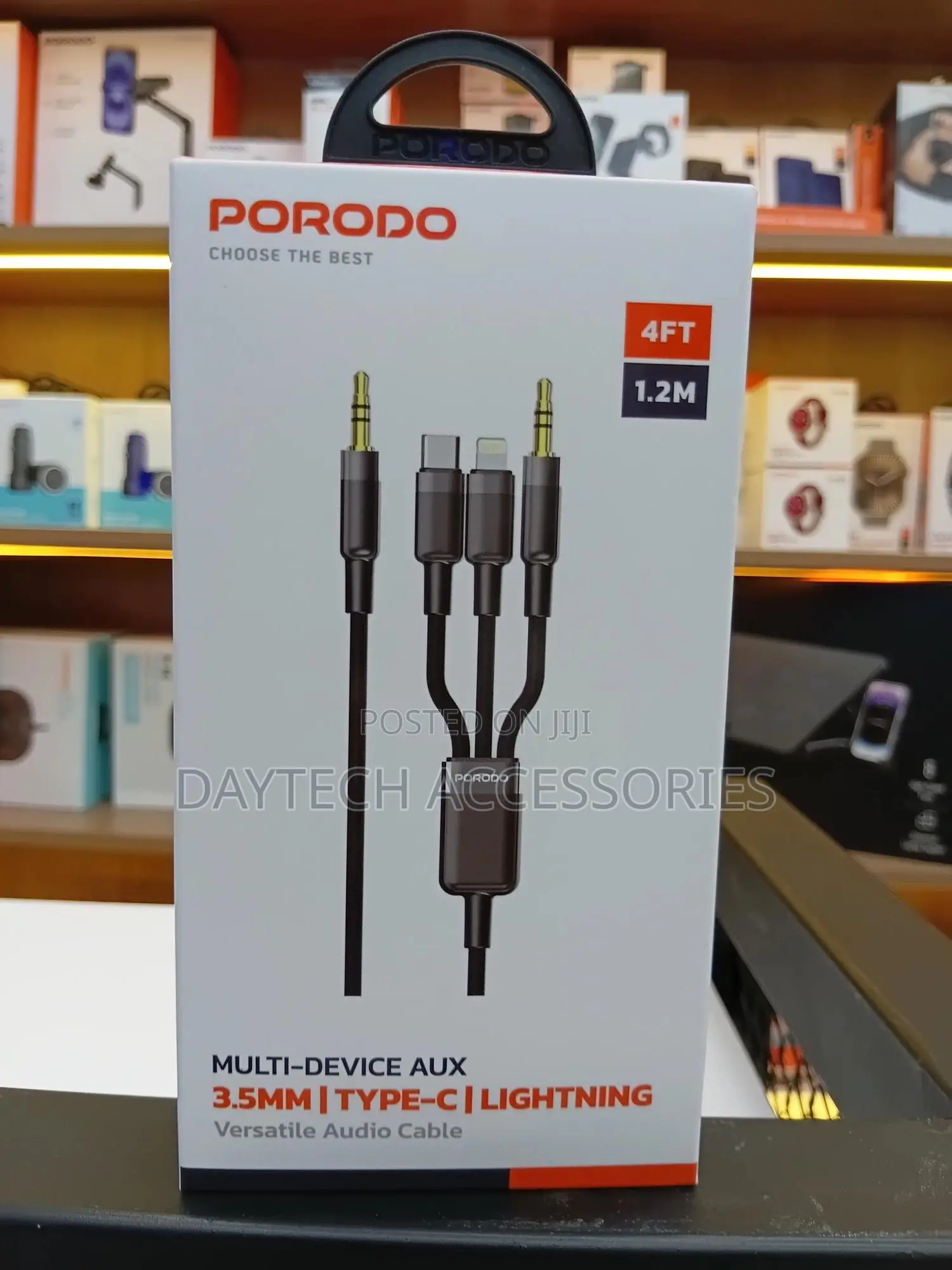 Porodo 3 In1 Aux 3.5 to 3.5+C+Lightning Cable 1.2m - Black