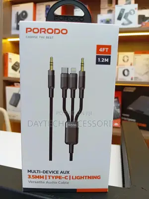 Porodo 3 In1 Aux 3.5 to 3.5+C+Lightning Cable 1.2m - Black