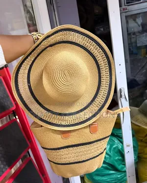 2 in 1 Beige Black Strip Straw Beach Bag With Matching Hat