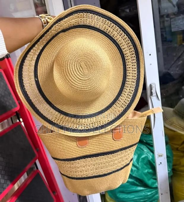 2 in 1 Beige Black Strip Straw Beach Bag With Matching Hat - thumbnail 2
