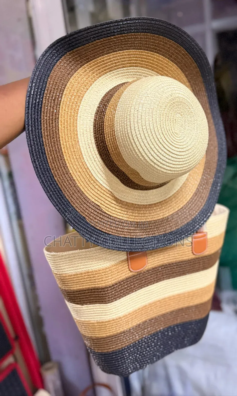 2 in 1 Four Tone Strip Beach Bag With Matching Hat