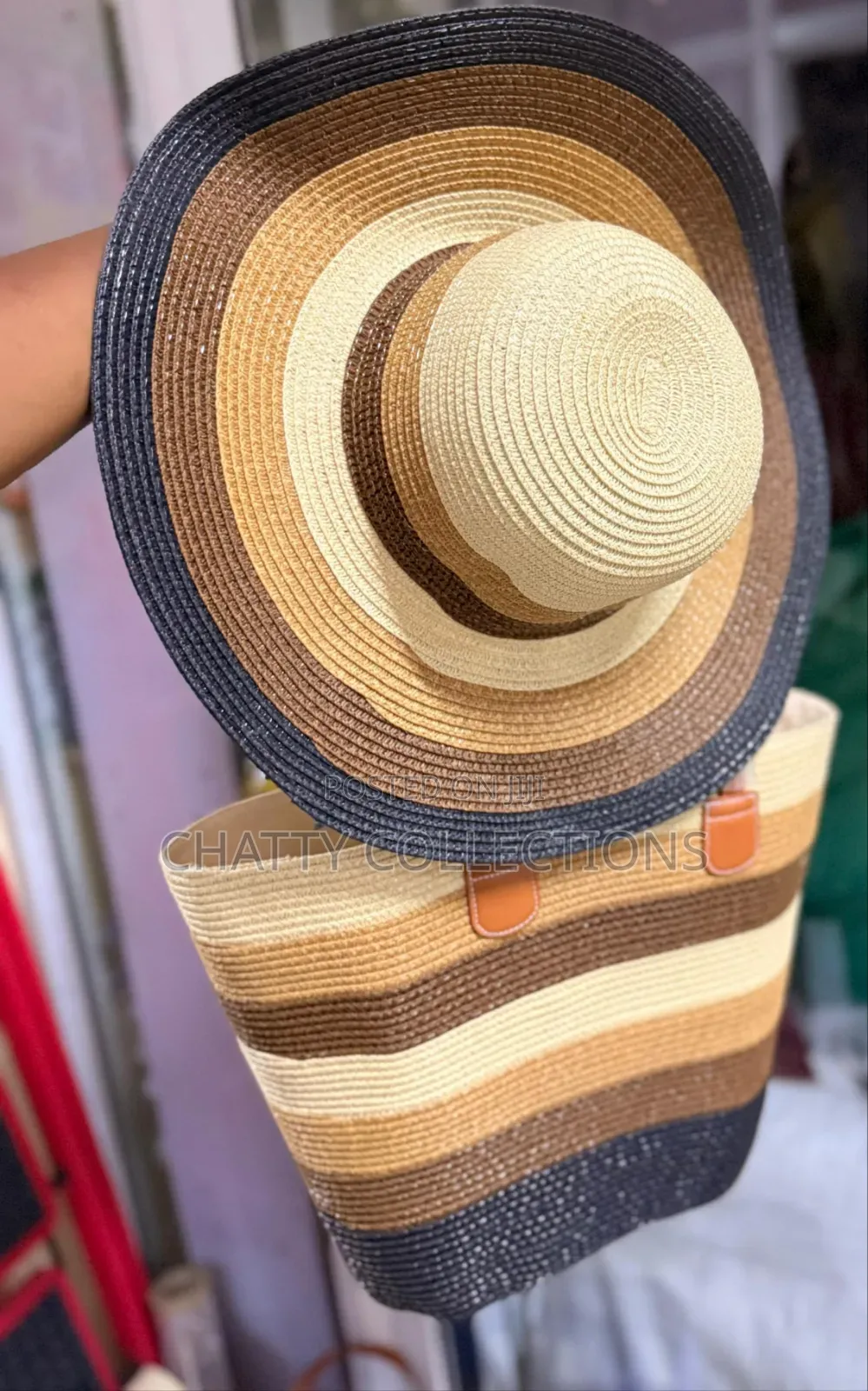 2 in 1 Four Tone Strip Beach Bag With Matching Hat