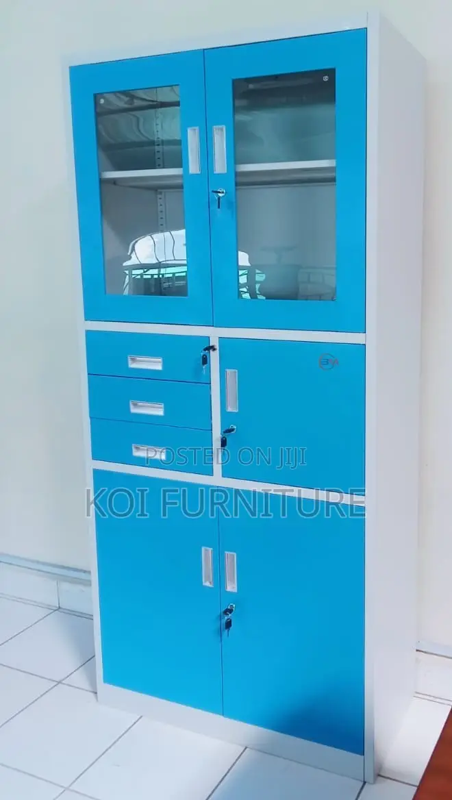 Office Cabinet; Blue Colorful Steel Cabinet With Glass View Doors