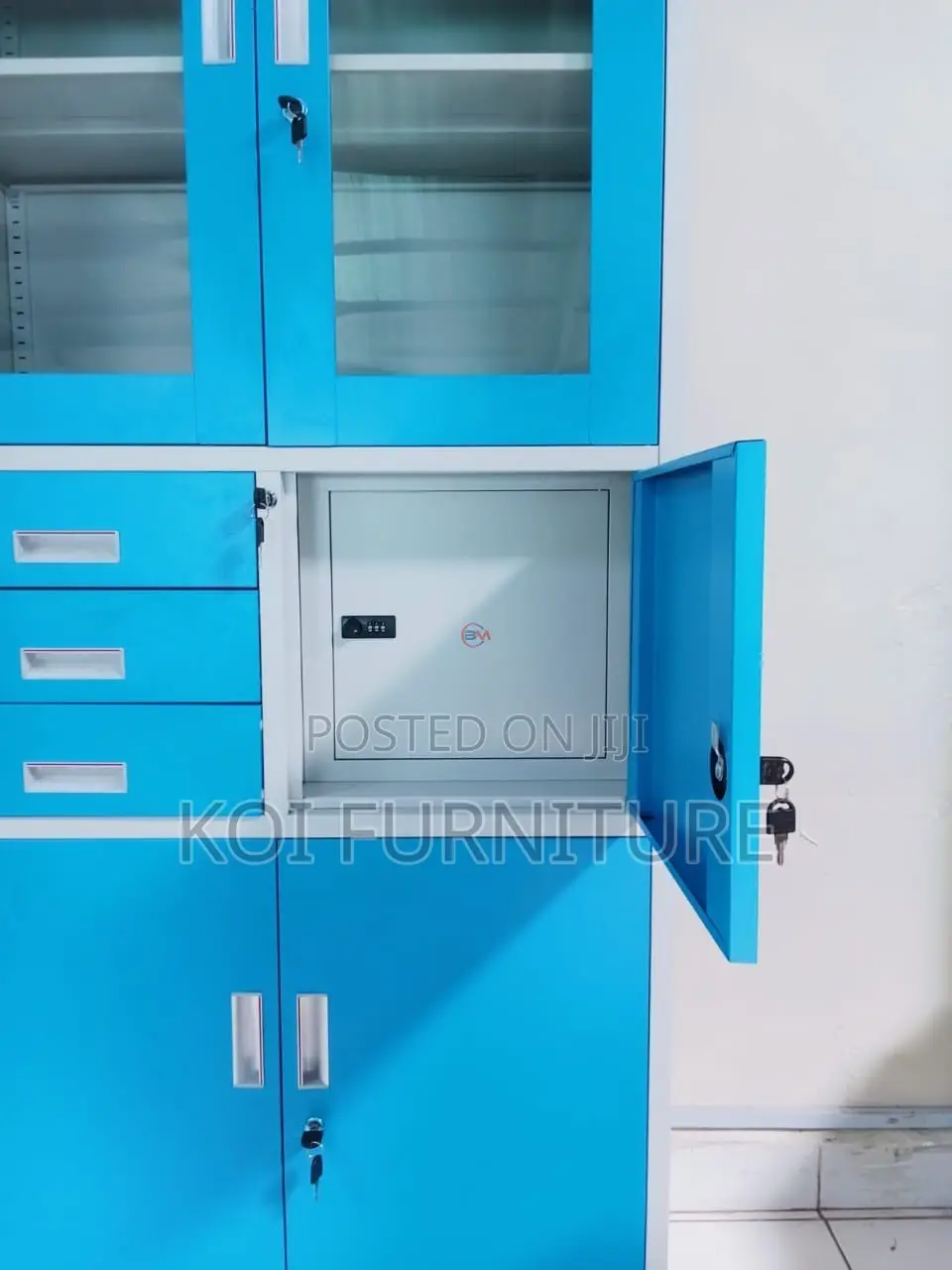 Office Cabinet; Blue Colorful Steel Cabinet With Glass View Doors