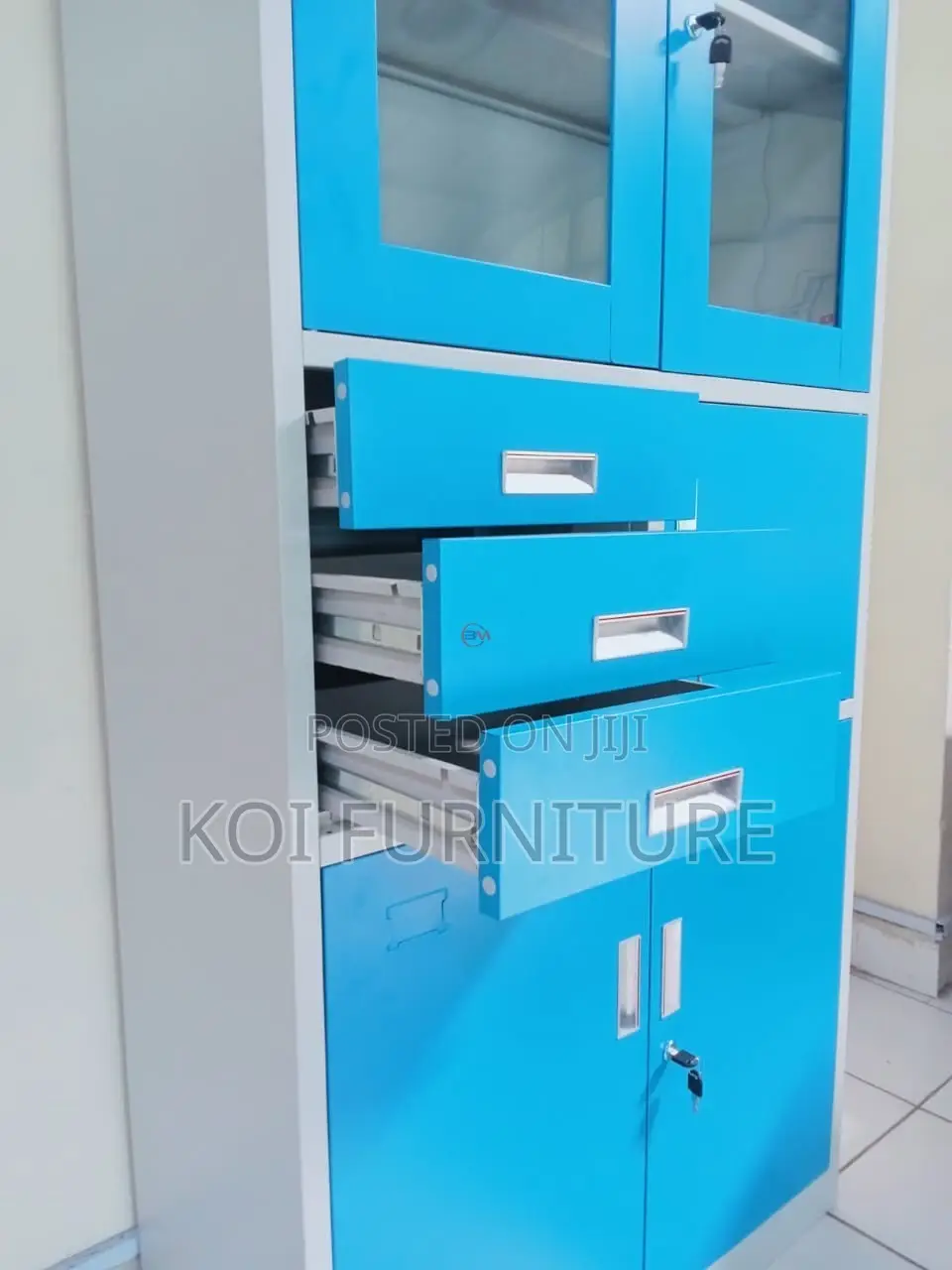 Office Cabinet; Blue Colorful Steel Cabinet With Glass View Doors