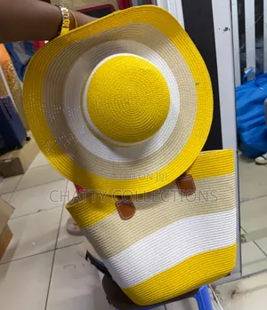 2 in 1 Three Tone Mustard Stripe Beach Bag With Matching Hat