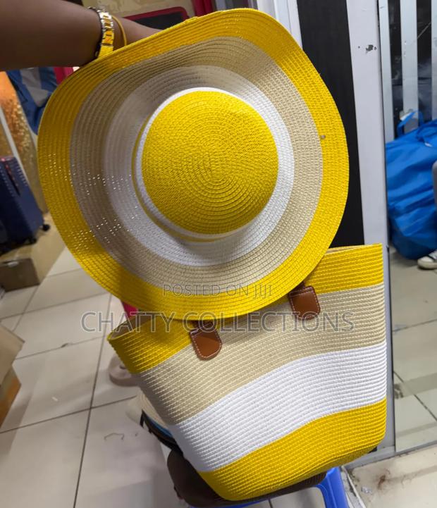 2 in 1 Three Tone Mustard Stripe Beach Bag With Matching Hat