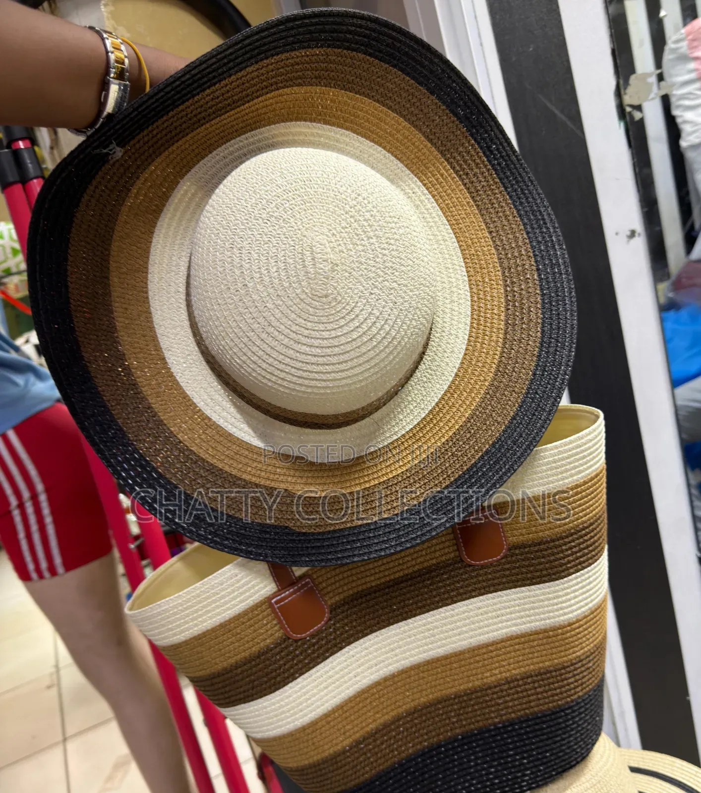 2 in 1 Four Tone Beige Black Stripe Beach Bag With Matching Hat