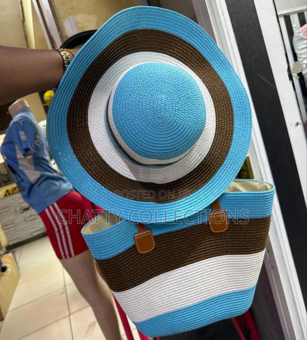 2 in 1 Blue Stripe Beach Bag With Matching Hat