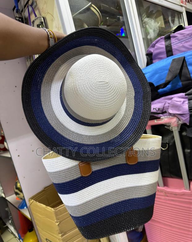 2 in 1 Navy Blue Stripe Beach Bag With Matching Hat - thumbnail 2
