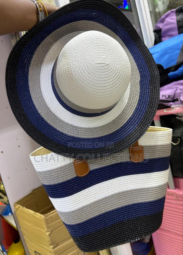 2 in 1 Navy Blue Stripe Beach Bag With Matching Hat - thumbnail 3