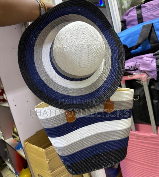 2 in 1 Navy Blue Stripe Beach Bag With Matching Hat - main view