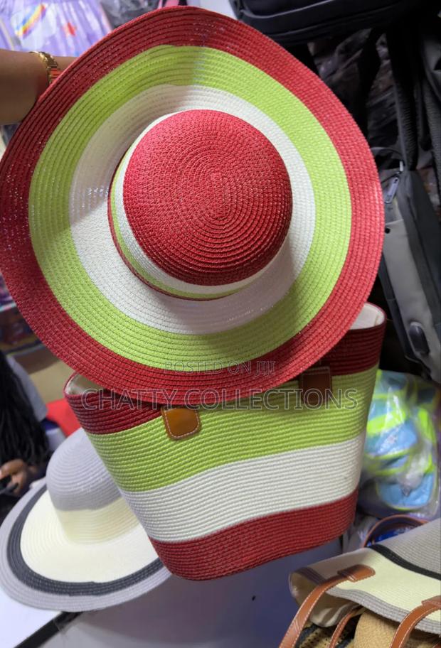 2 in 1 Red ,Green and White Stripe Beach Bag With Matching Hat