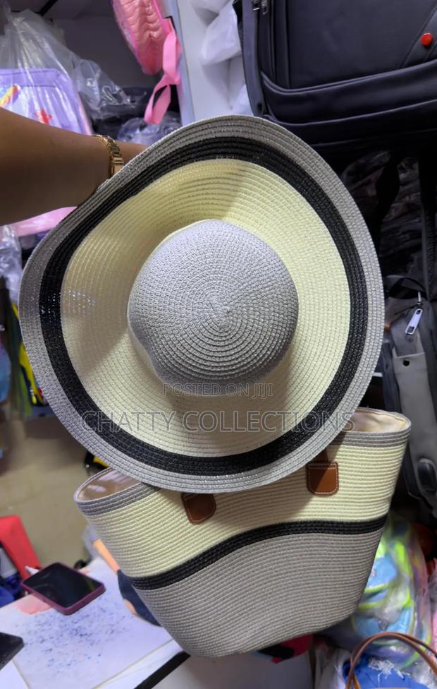 2 in 1 Cream and Gray Stripe Beach Bag With Matching Hat - thumbnail 2