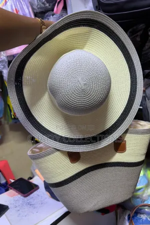 2 in 1 Cream and Gray Stripe Beach Bag With Matching Hat