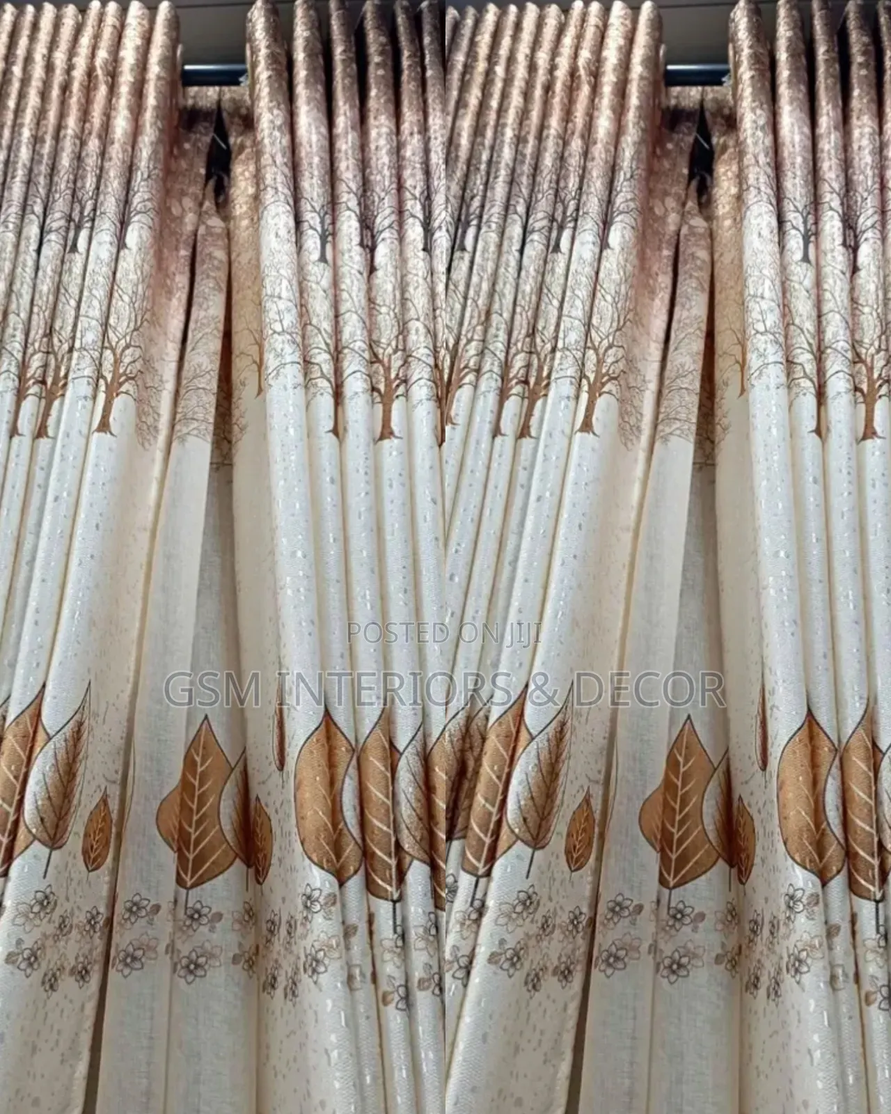 Cream-Brown Flowered Home Curtains With Glittering Details