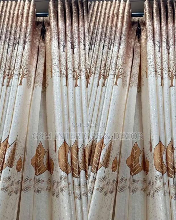 Cream-Brown Flowered Home Curtains With Glittering Details