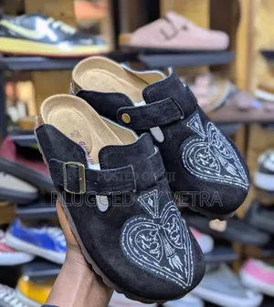 Black Suede Clog-Shoe/White Embroidered Spade Design-Buckle Strap.