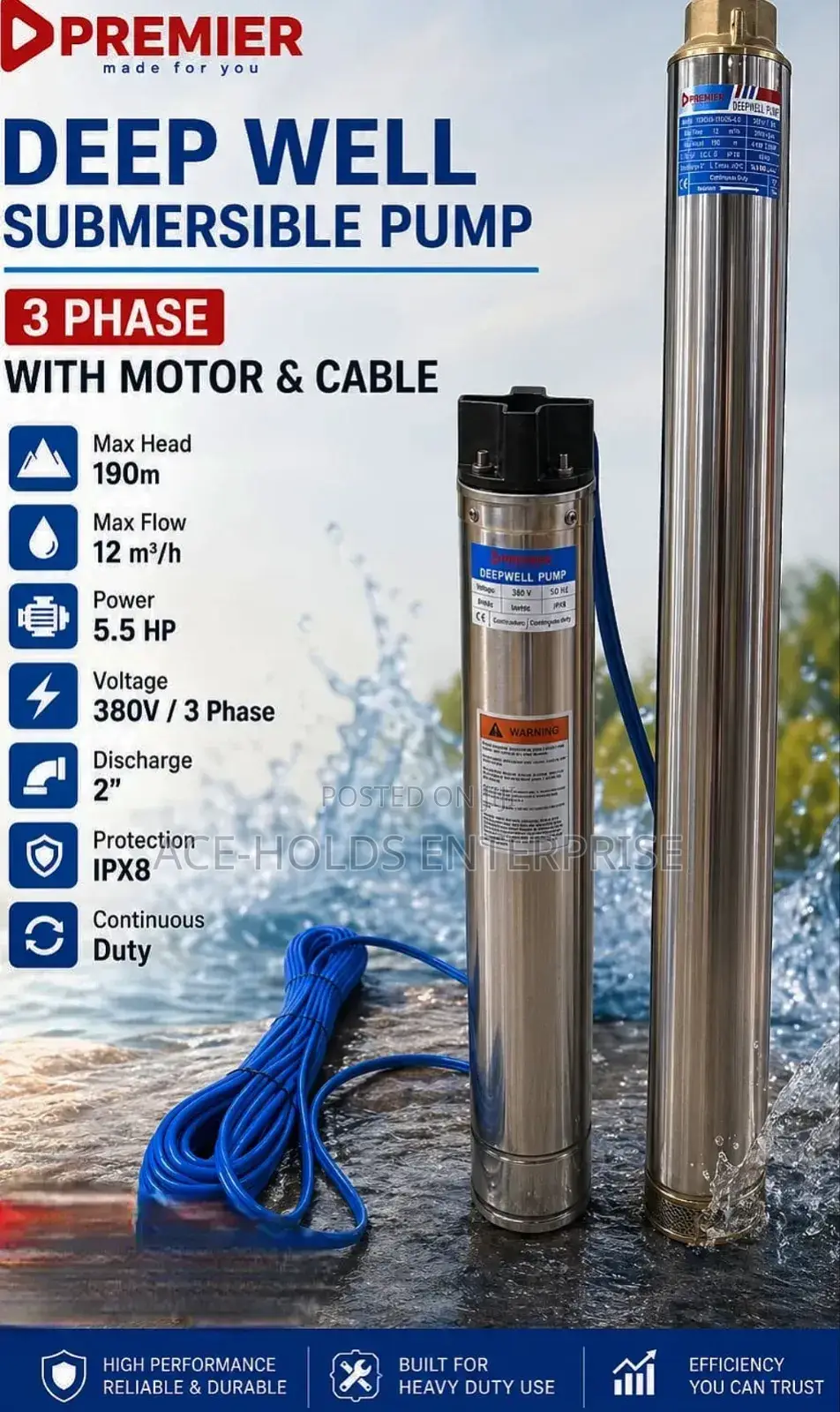 Premier Deep Well Submersible Pump - 380v 3 Phase With Cable and Motor
