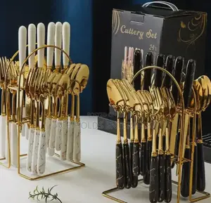 24 Pieces Gold Coated Marble Cutlery Kitchen Set