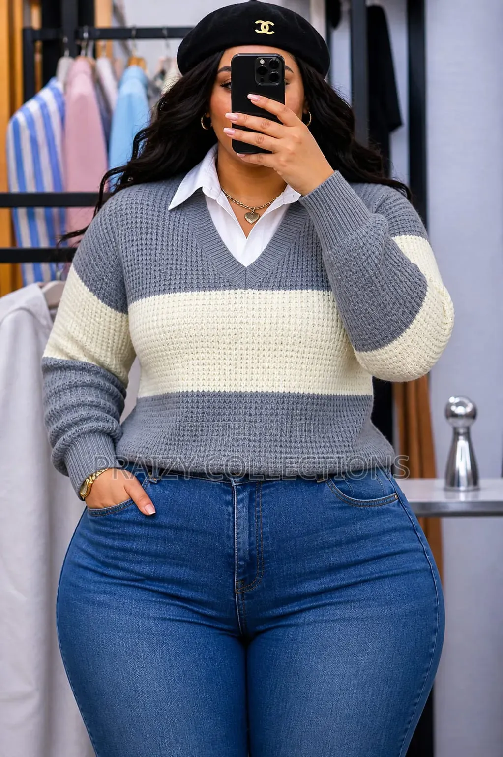 Blocked Sweater With White Collar