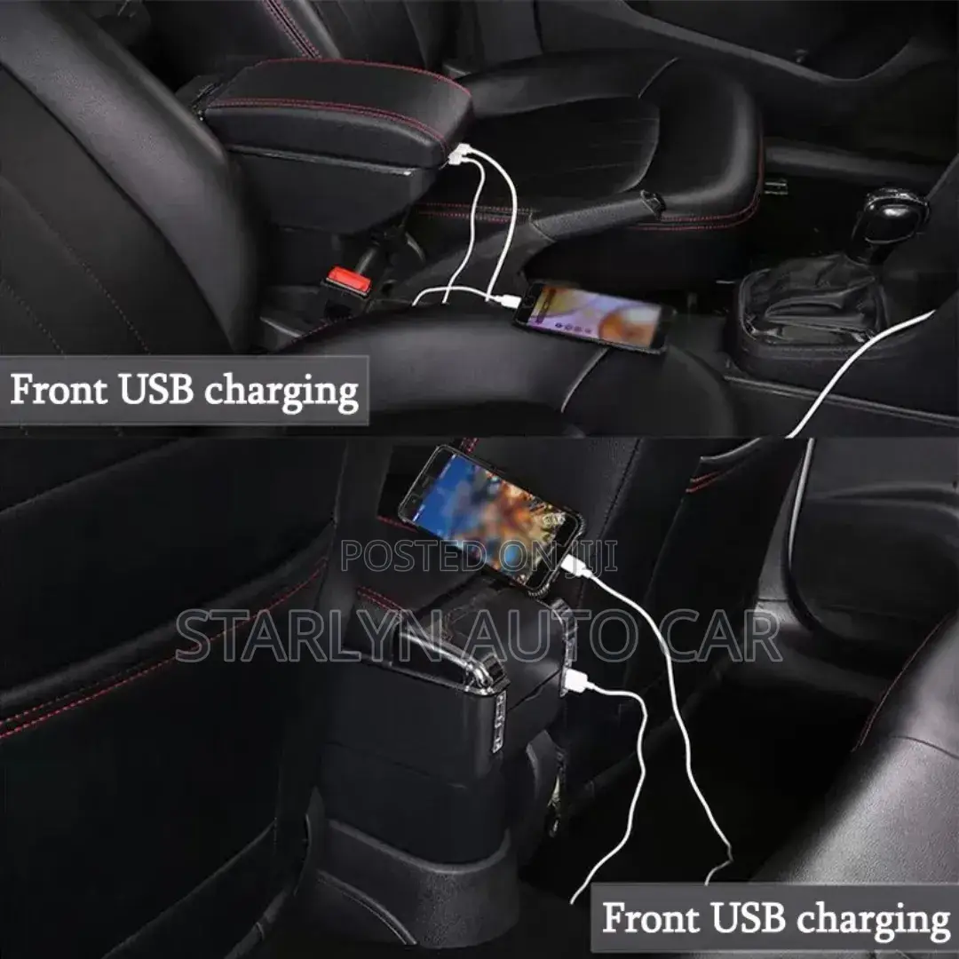 Universal Car Armrest – Sleek Black With Sporty Red Stripe