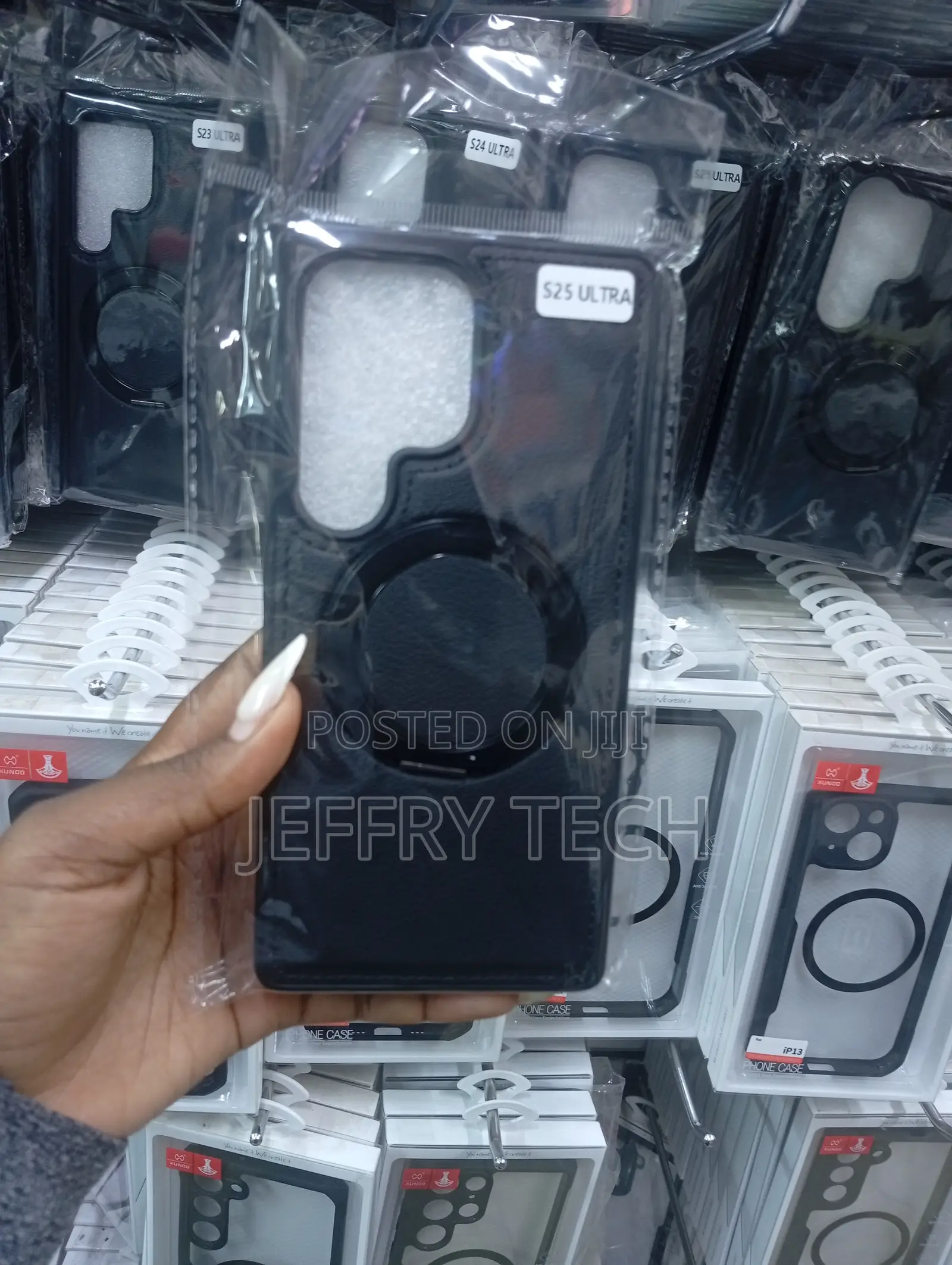 Black Leather Phone Case With for the Samsung Galaxy S25 Ultra.